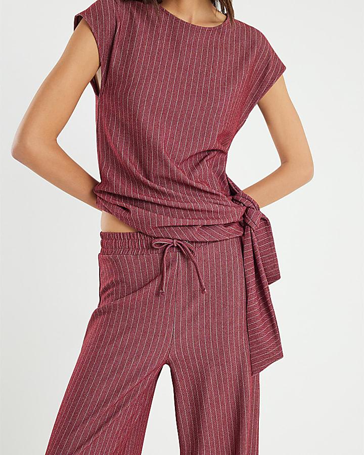 River Island Red Pinstripe Drawstring Wide Leg Trousers