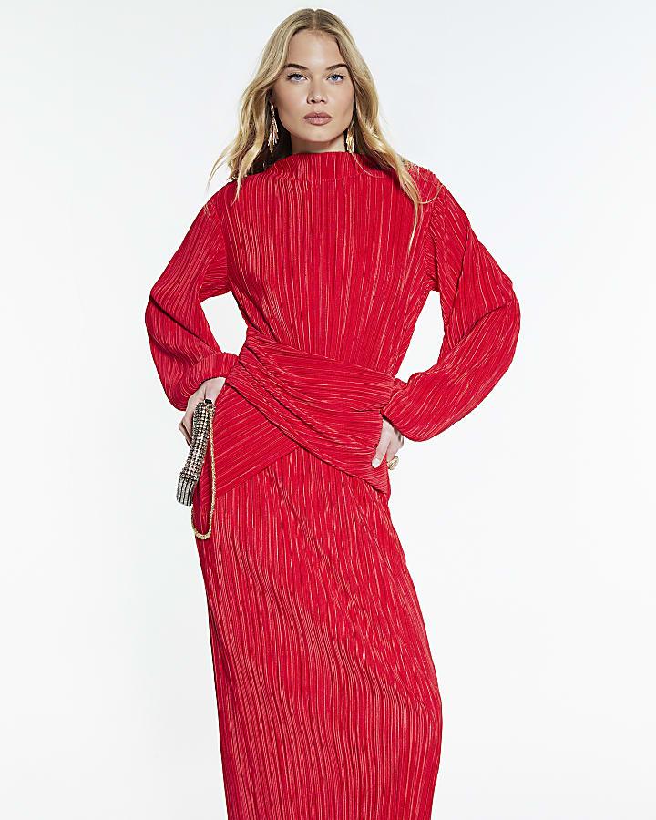 River Island Red Plisse Long Sleeve Wrap Midi Dress