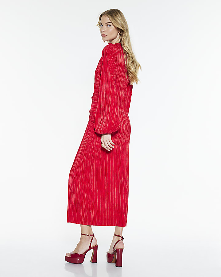 River Island Red Plisse Long Sleeve Wrap Midi Dress