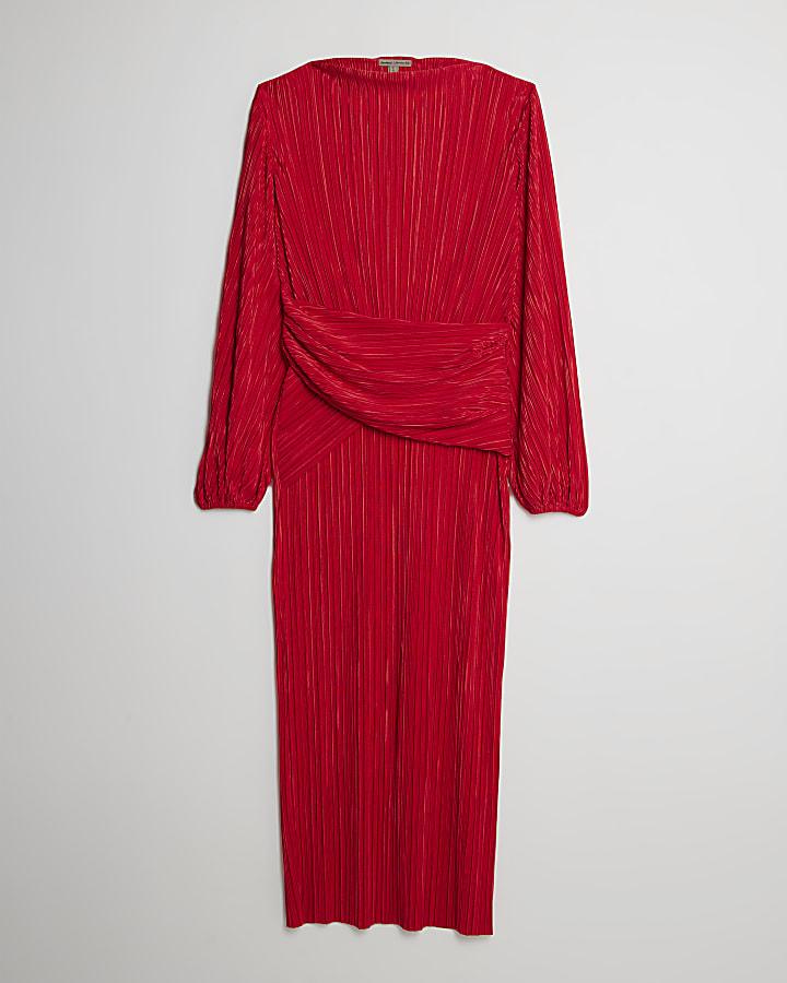 river island Red Plisse Long Sleeve Wrap Midi Dress