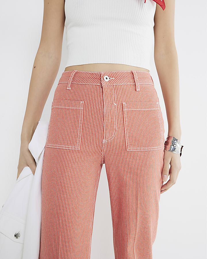 River Island Red Relaxed Flared Leg Pinstripe Jeans