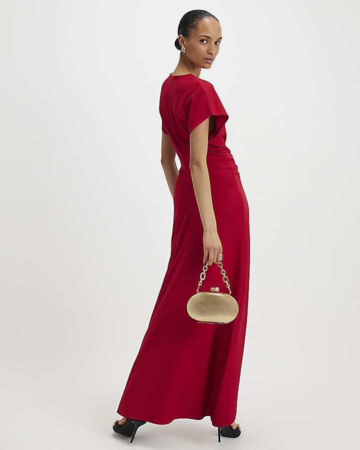 River Island Red Short Sleeve Cinched Waist Maxi Dress