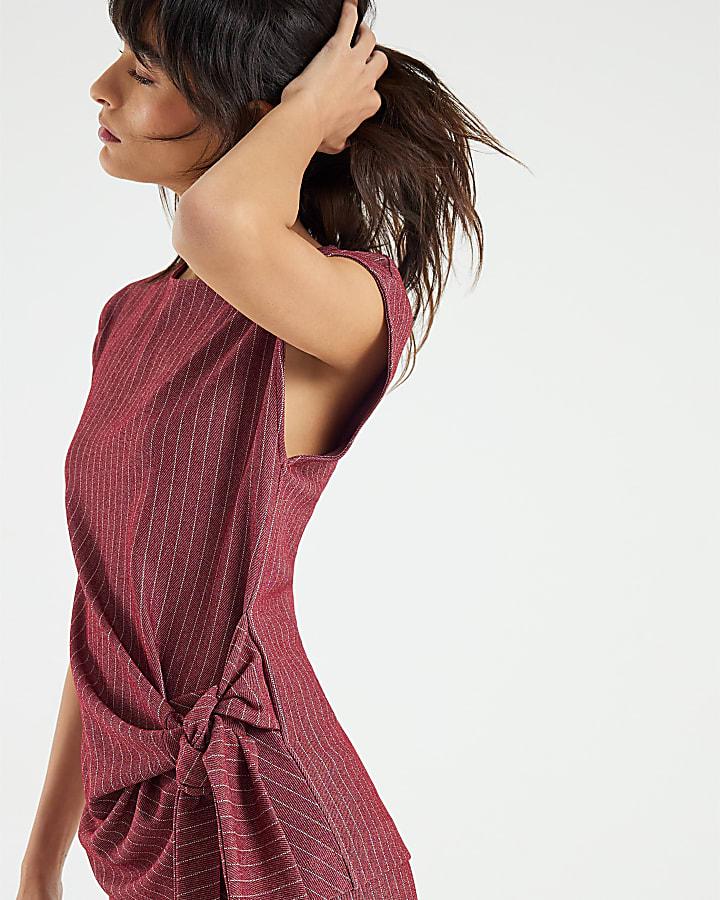 River Island Red Short Sleeve Pinstripe Tie Detail Top