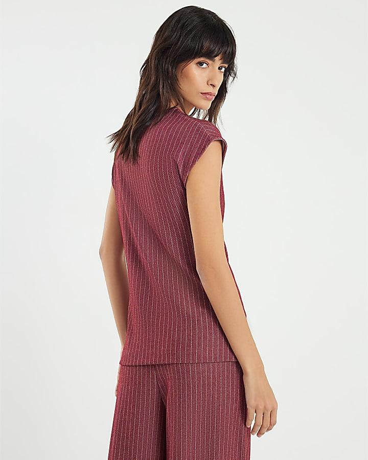 River Island Red Short Sleeve Pinstripe Tie Detail Top