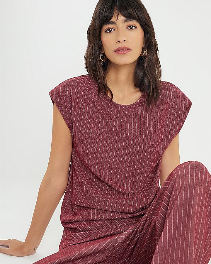 River Island Red Short Sleeve Pinstripe Tie Detail Top
