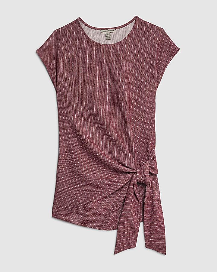 river island Red Short Sleeve Pinstripe Tie Detail Top