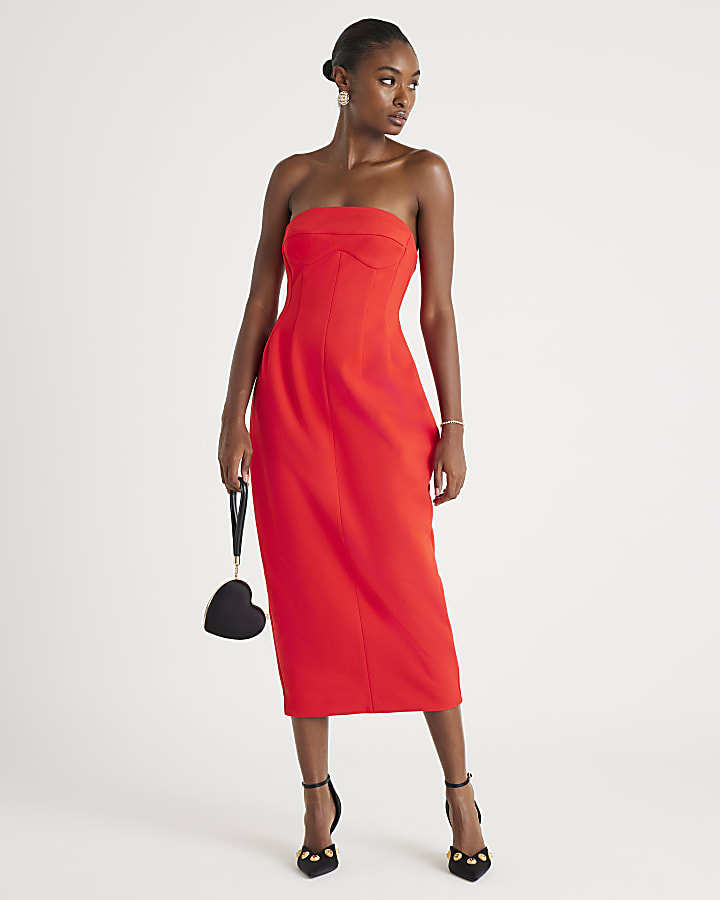River Island Red Sleeveless Bodycon Bandeau Midi Dress