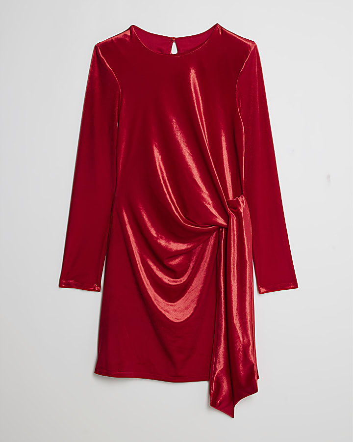river island Red Velvet Long Sleeve Tie Side Mini Dress