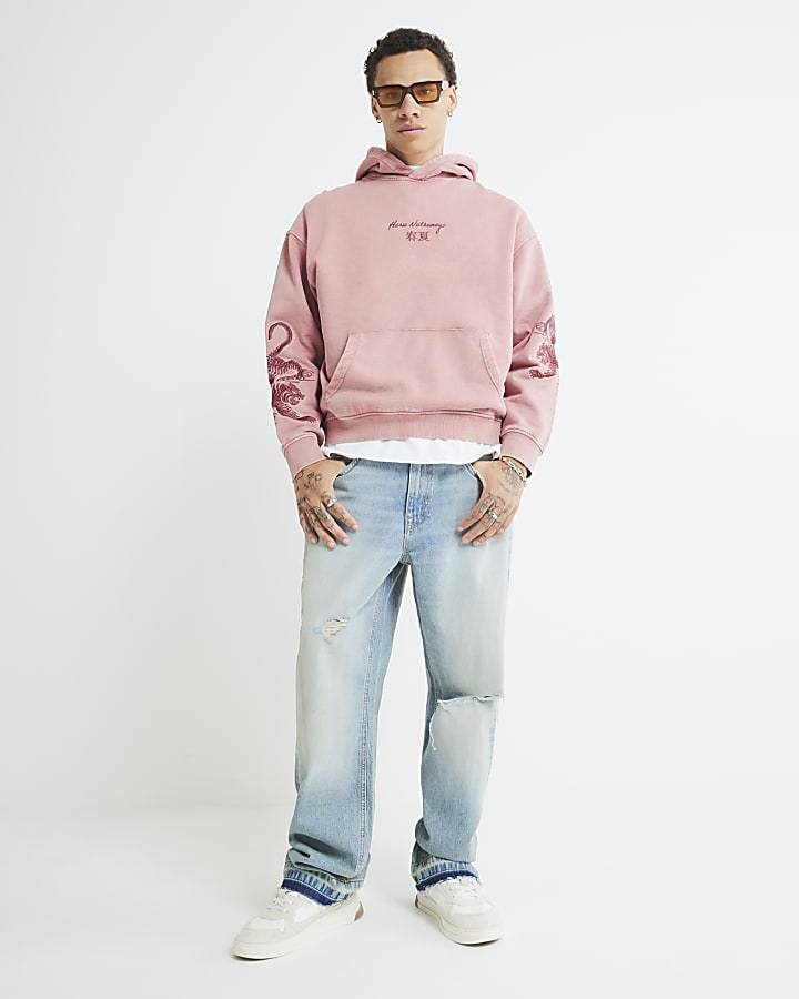 River Island Red Washed Embroidered Haru Tiger Hoodie