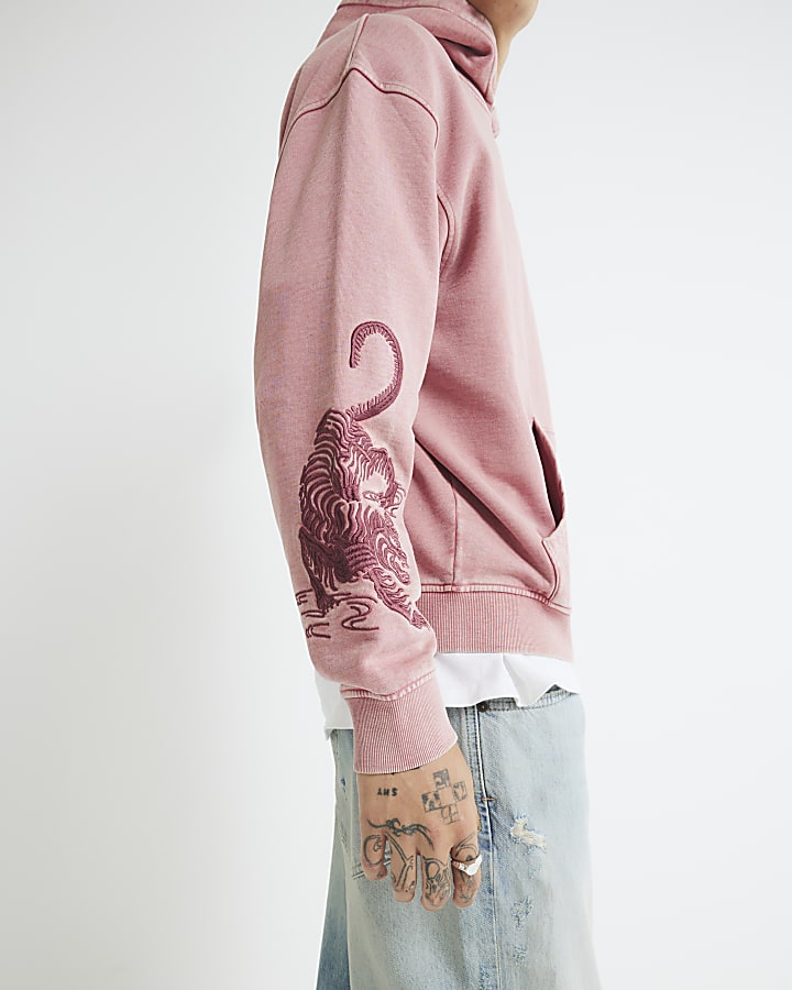 River Island Red Washed Embroidered Haru Tiger Hoodie