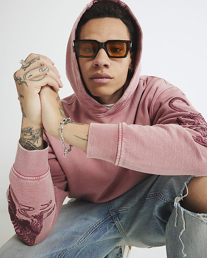 River Island Red Washed Embroidered Haru Tiger Hoodie