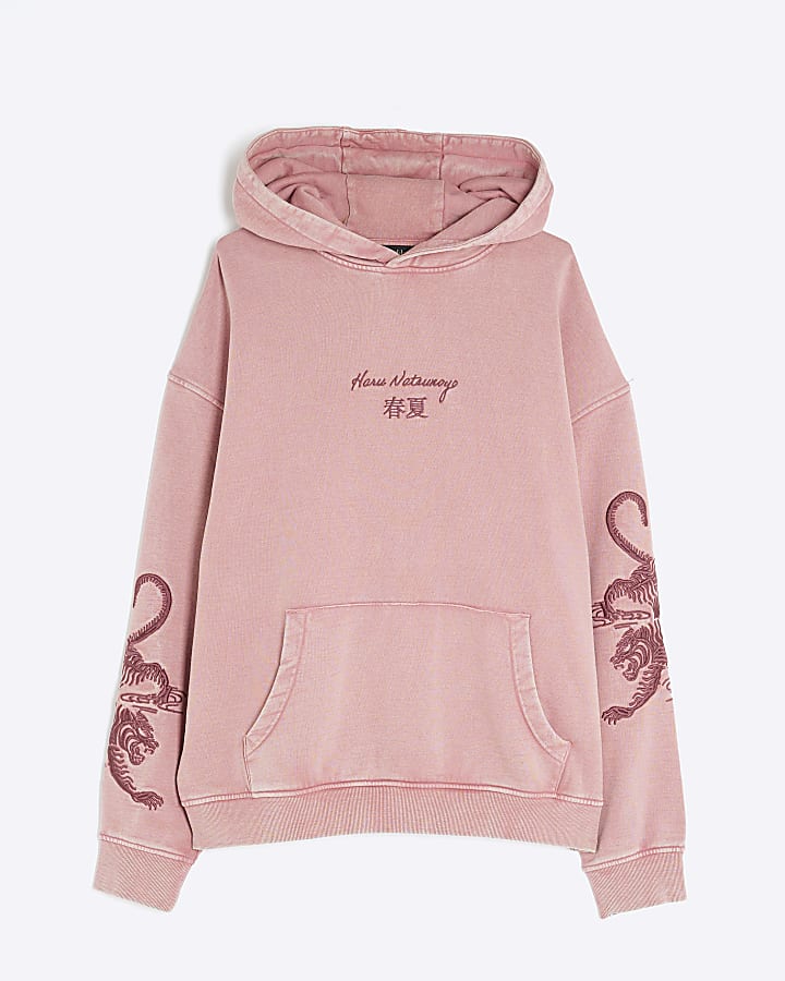 river island Red Washed Embroidered Haru Tiger Hoodie