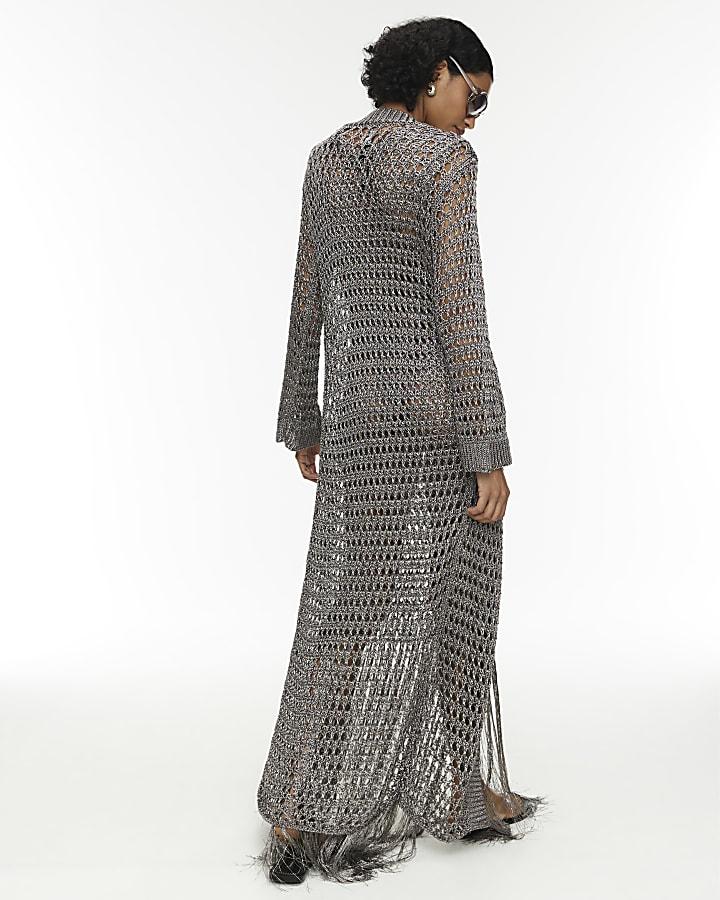 River Island RI Studio Metallic Grey Maxi Crochet Cardigan