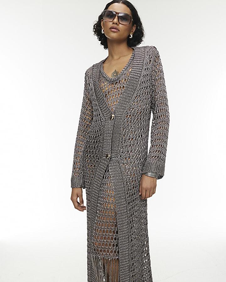 River Island RI Studio Metallic Grey Maxi Crochet Cardigan
