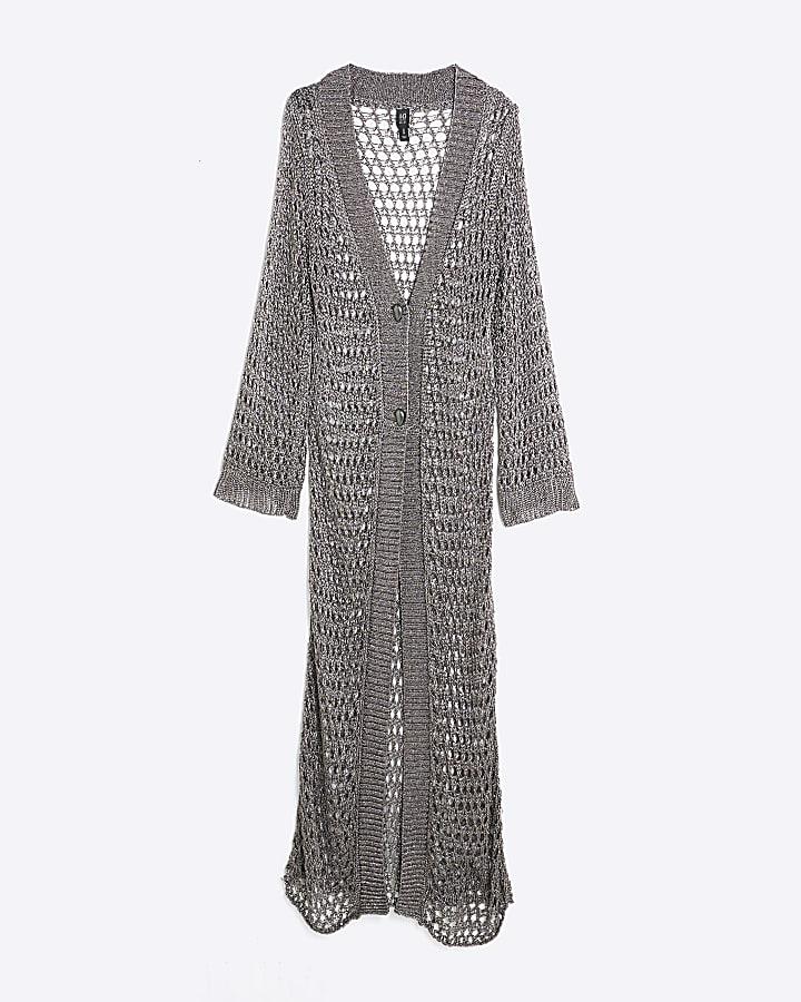 river island RI Studio Metallic Grey Maxi Crochet Cardigan