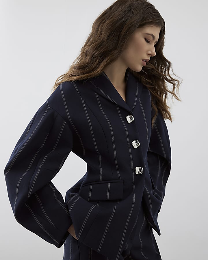 River Island RI Studio Navy Cocoon Sleeve Stripe Blazer