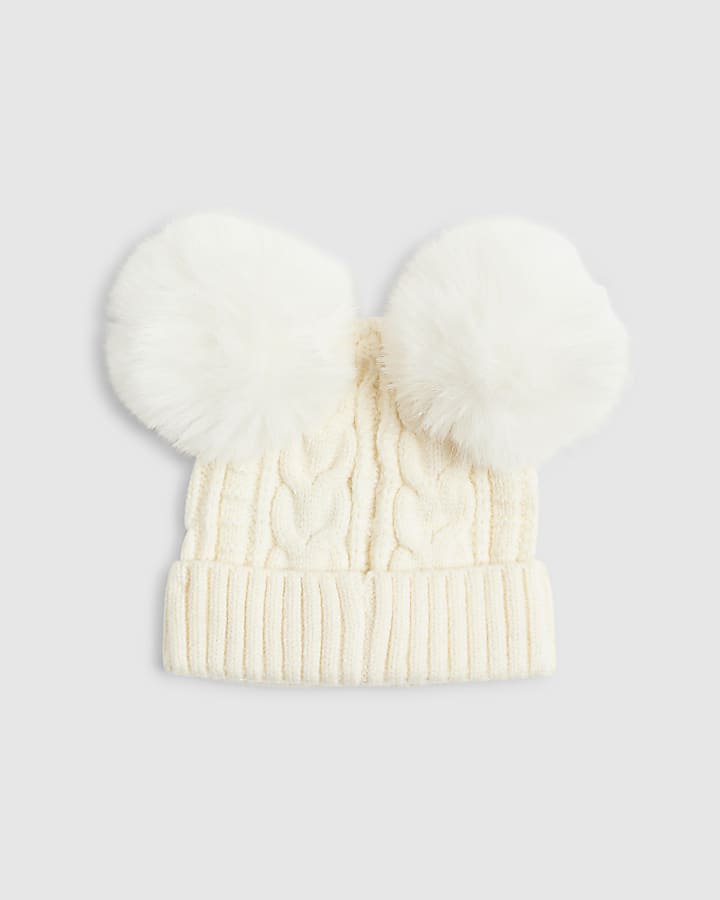 River Island Baby Cream Double Pom Bow Beanie Hat