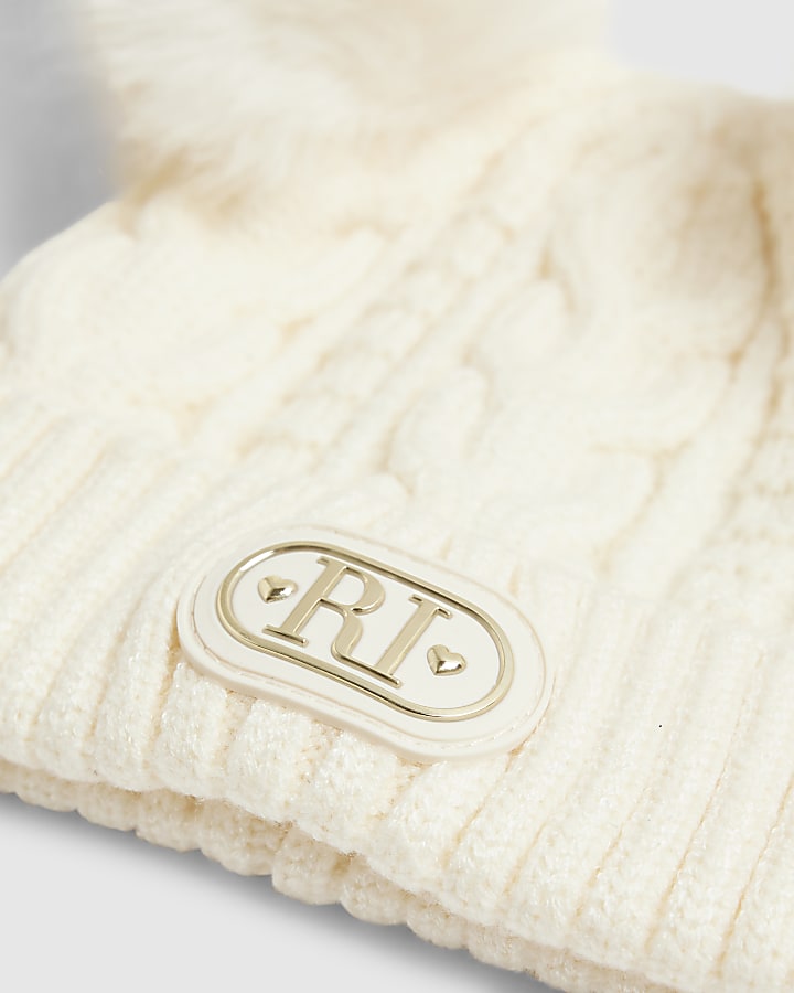 river island Baby Cream Double Pom Bow Beanie Hat