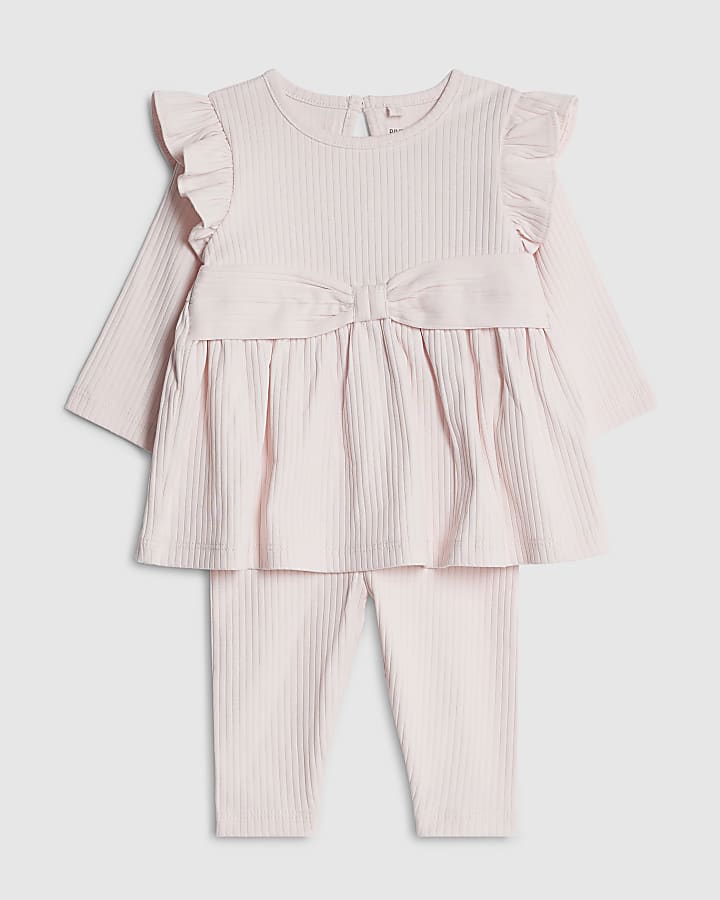 River Island Baby Girls Cream Ribbed Bow Top Set