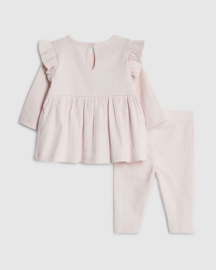 River Island Baby Girls Cream Ribbed Bow Top Set