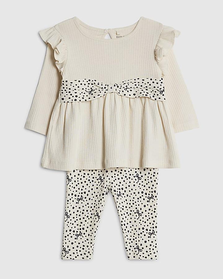 River Island Baby Girls Cream Ribbed Bow Top Set