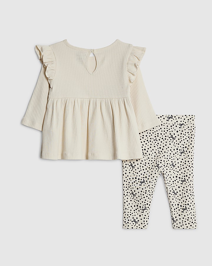 River Island Baby Girls Cream Ribbed Bow Top Set