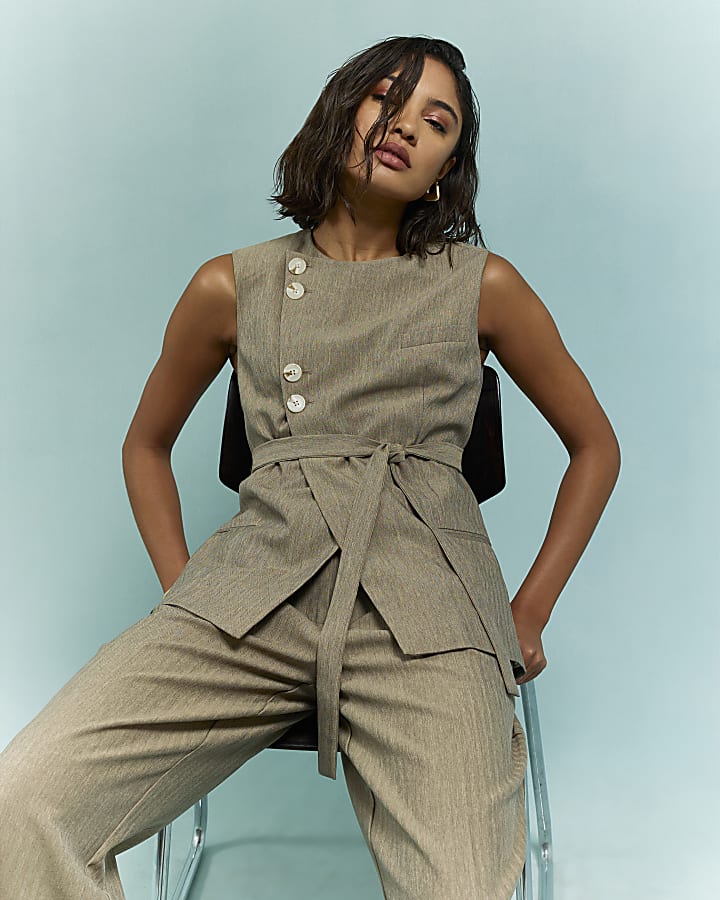 River Island Beige Asymmetric Belted Waistcoat