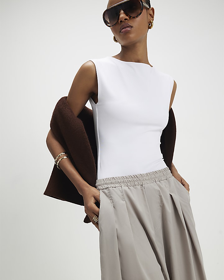 River Island Beige Barrel Leg Pleated Trousers