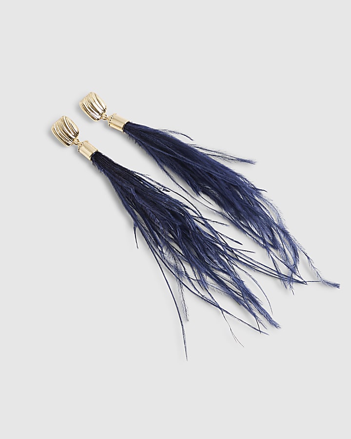 River Island Beige Blue Feather Drop Earrings