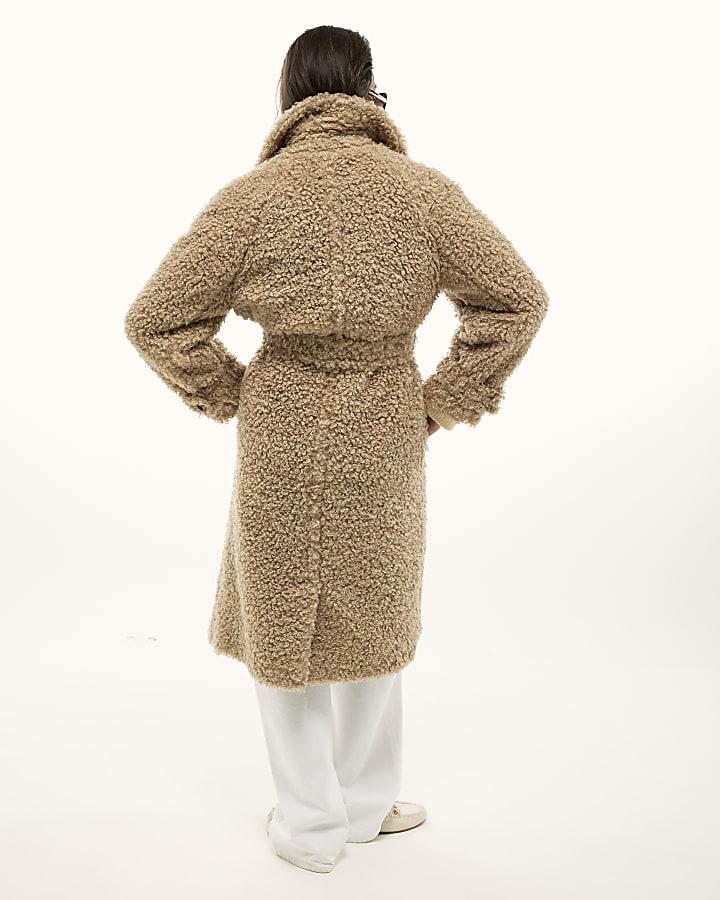 River Island Beige Borg Longline Belted Coat