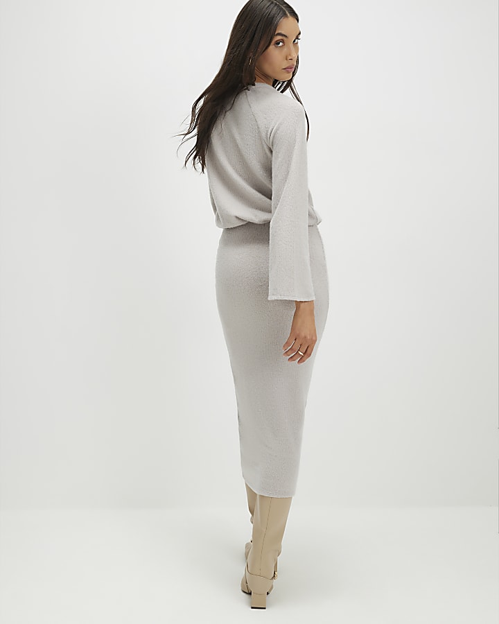 River Island Beige Cosy Ribbed Midi Skirt