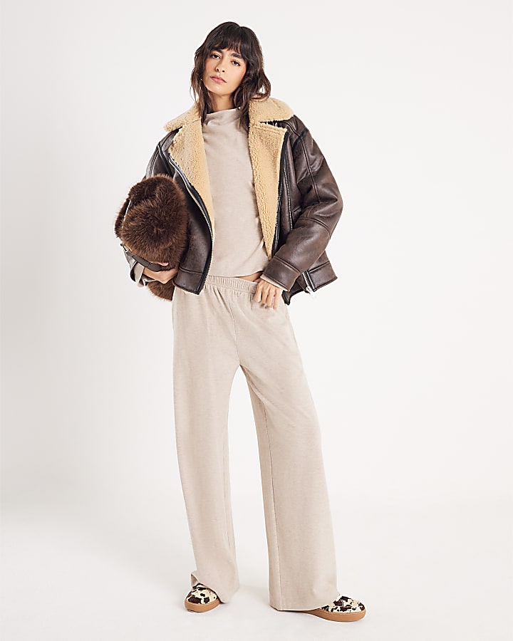 River Island Beige Cosy Wide Leg Trousers