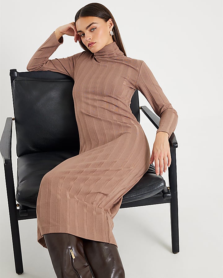 River Island Beige Cosy Wide Rib Midi Dress
