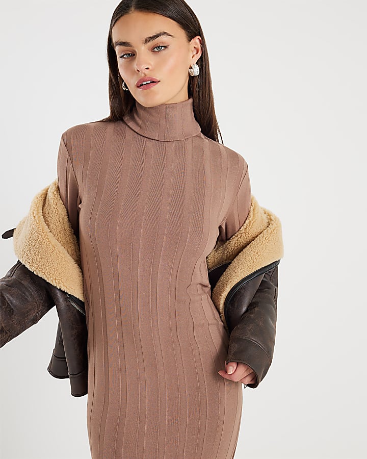 River Island Beige Cosy Wide Rib Midi Dress