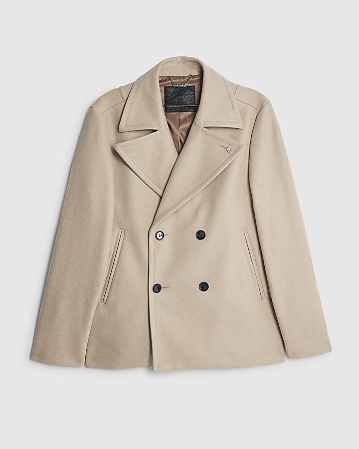 river island Beige Double Breasted Peacoat