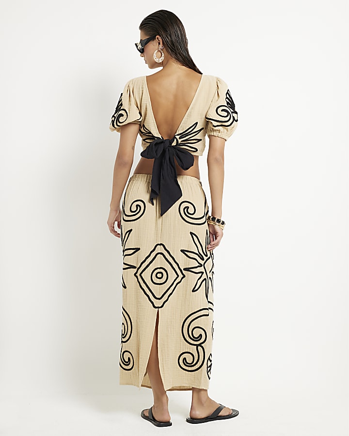 River Island Beige Embroidered Beach Maxi Skirt