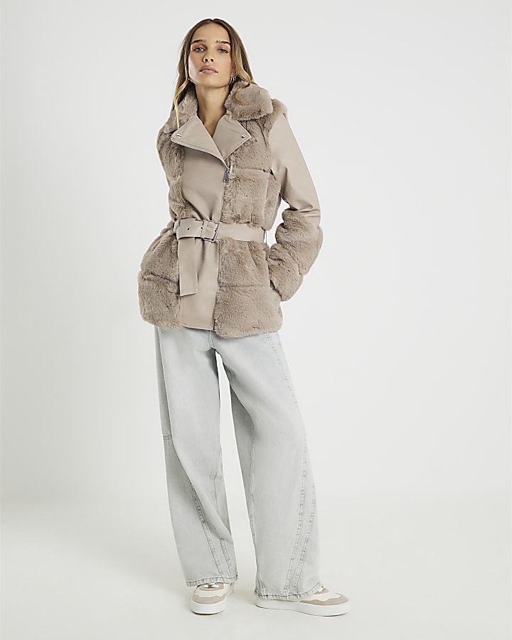 River Island Beige Faux Fur Panelled Biker Jacket