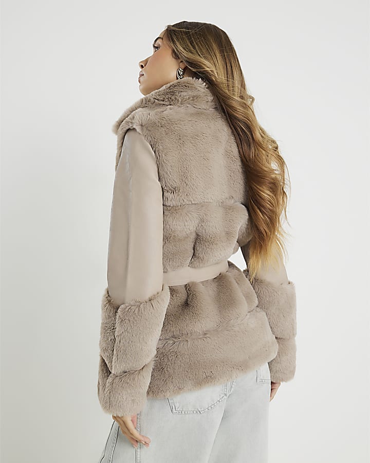 River Island Beige Faux Fur Panelled Biker Jacket
