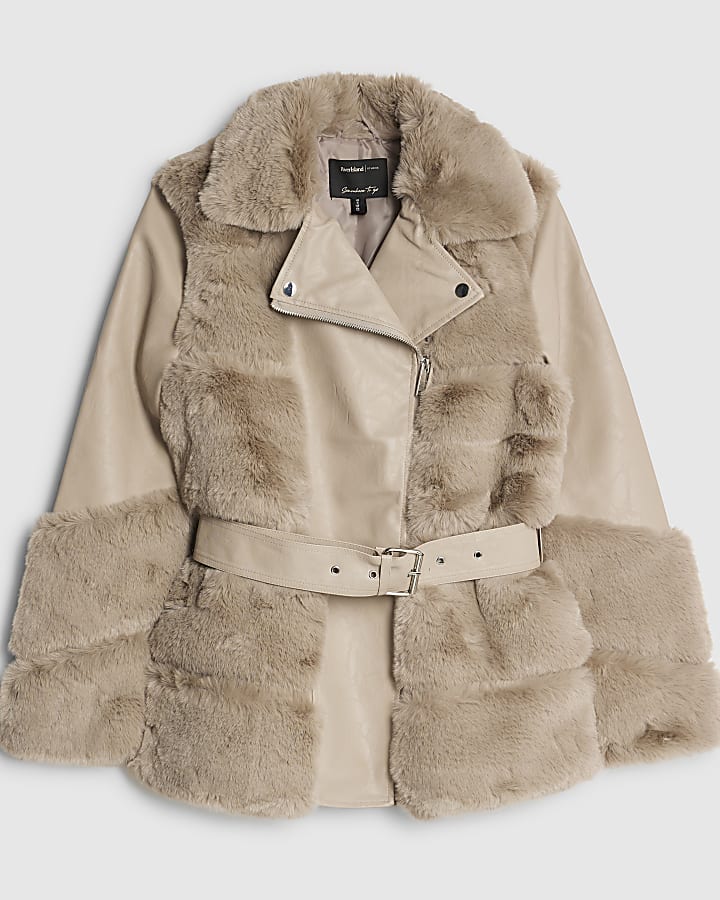 river island Beige Faux Fur Panelled Biker Jacket
