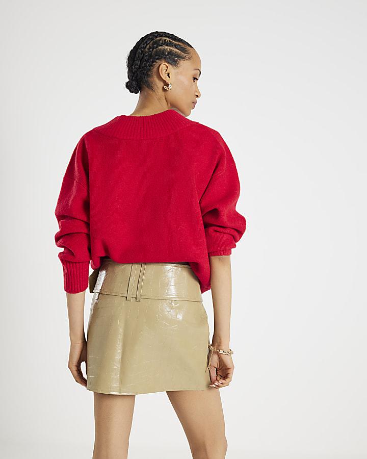 River Island Beige Faux Leather Belted Mini Skirt