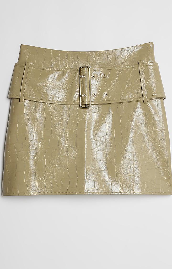 river island Beige Faux Leather Belted Mini Skirt