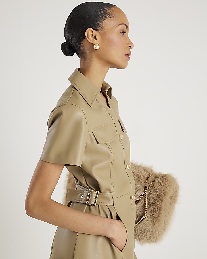 River Island Beige Faux Leather Midi Shirt Dress