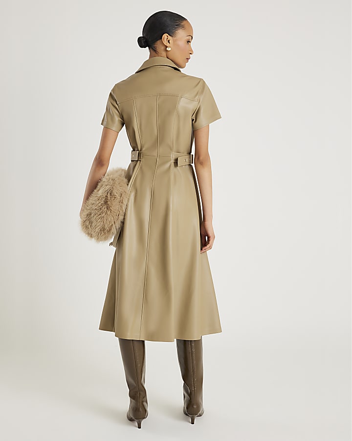 River Island Beige Faux Leather Midi Shirt Dress