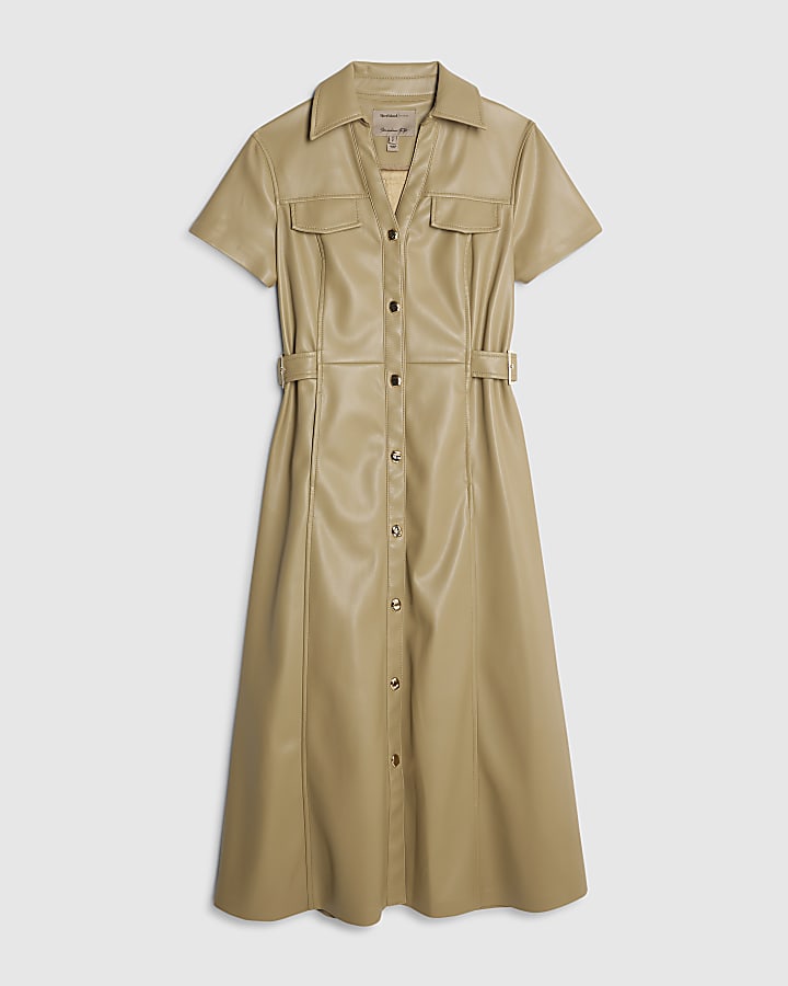 river island Beige Faux Leather Midi Shirt Dress
