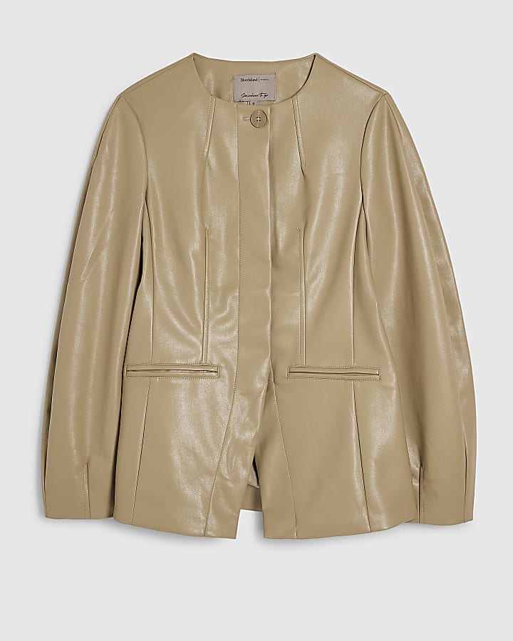 river island Beige Faux Leather Sculpted Blazer