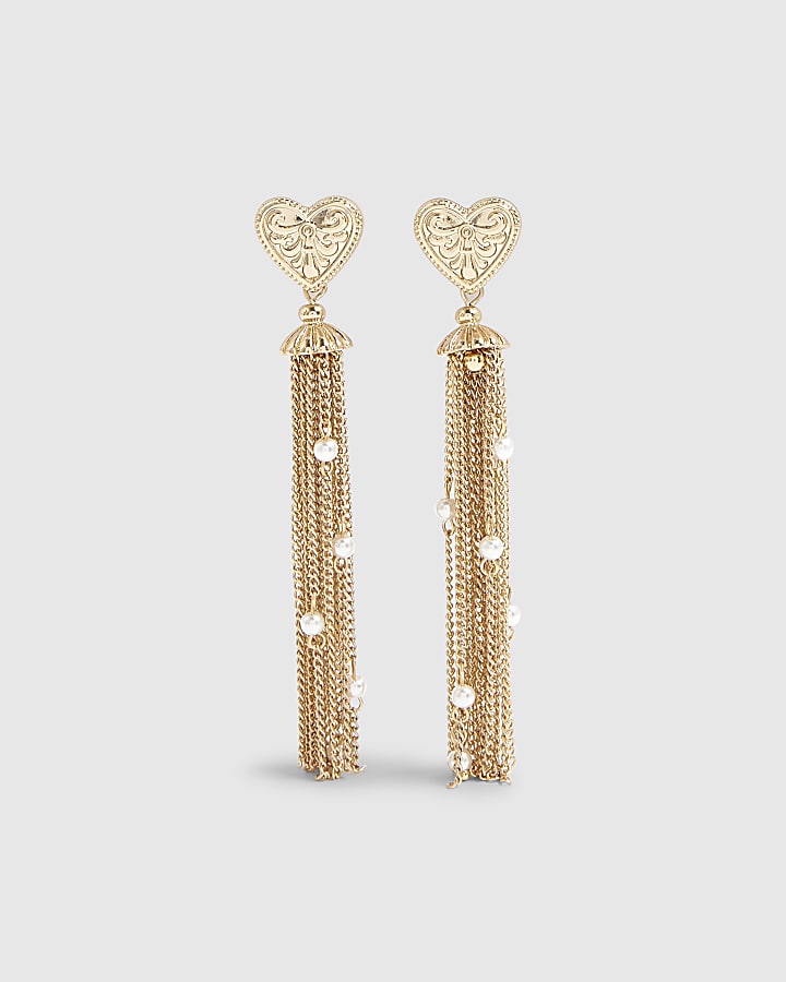 River Island Beige Heart Tassel Drop Earrings
