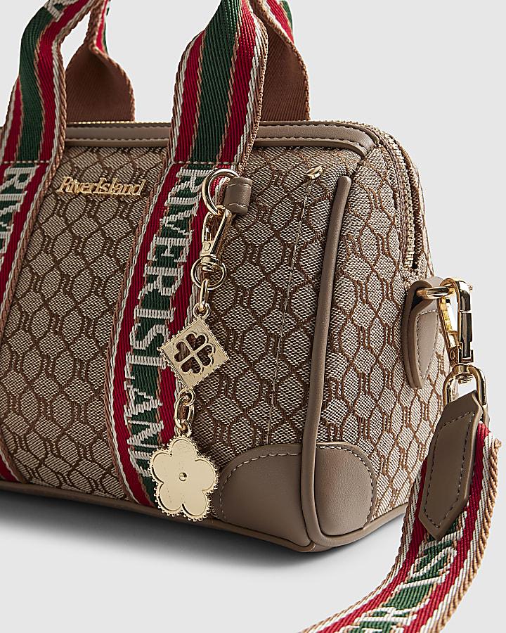 river island Beige Jacquard Monogram Bowler Bag
