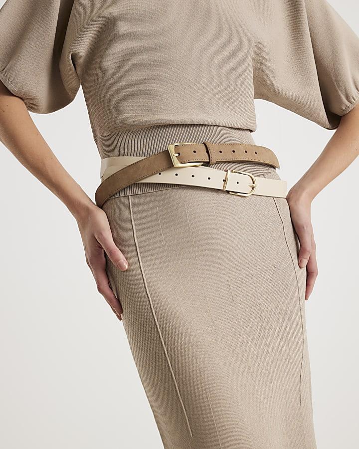 River Island Beige Knit Flared Midi Skirt