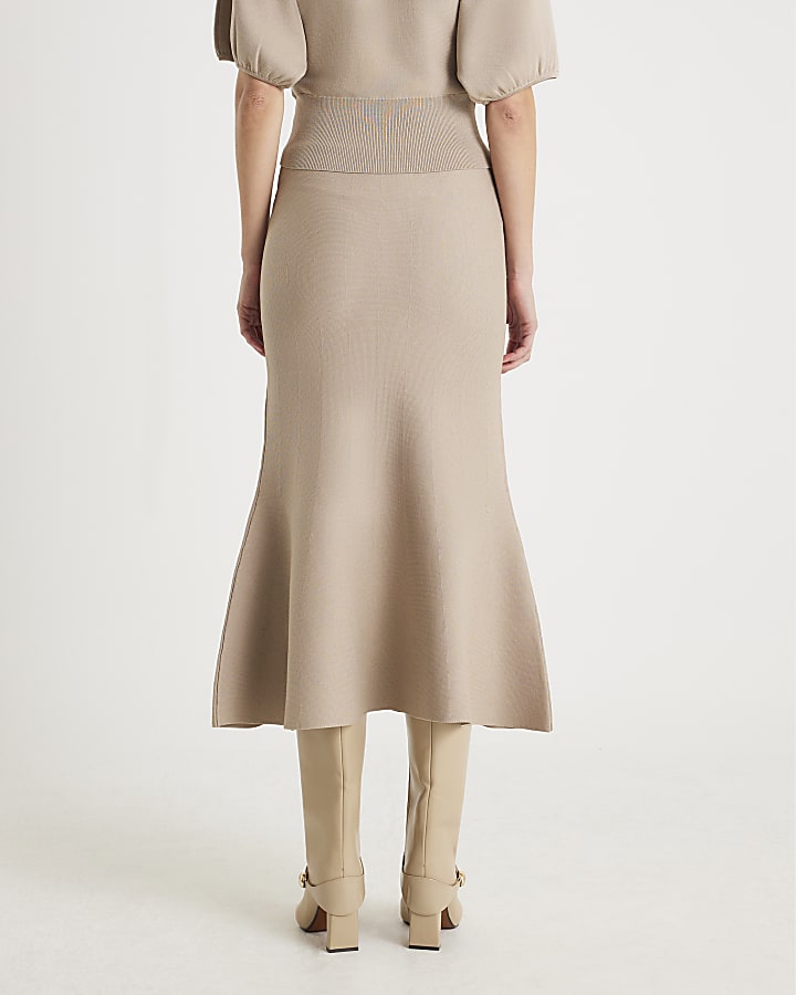 River Island Beige Knit Flared Midi Skirt