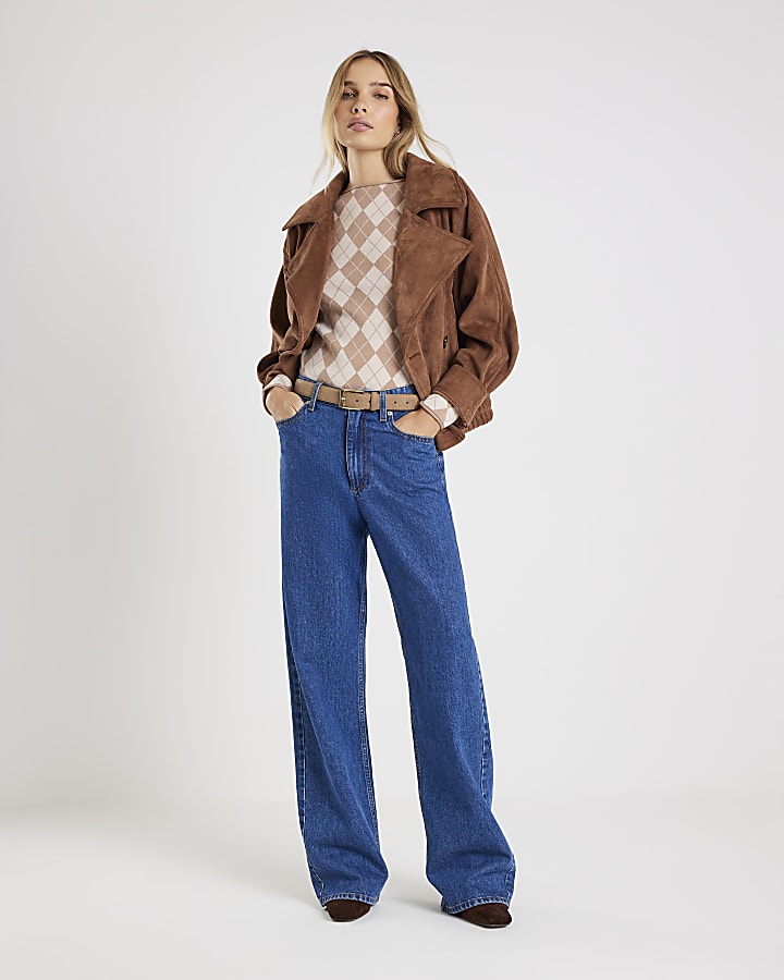 River Island Beige Knitted Argyle Long Sleeve Top